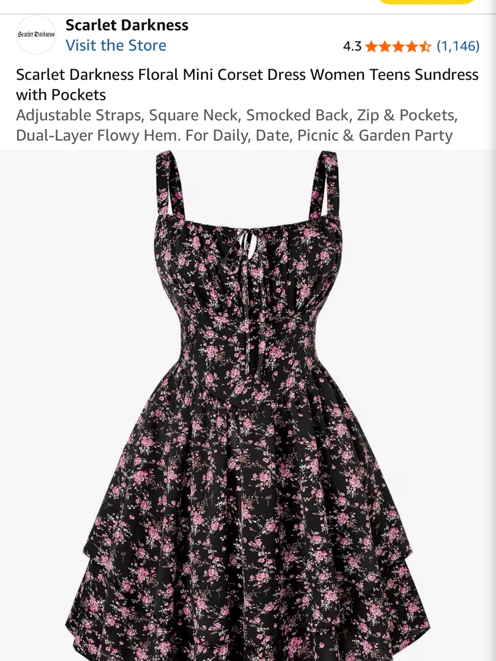 Scarlet Darkness Black Mini Corset Dress with Pink Floral Print Large